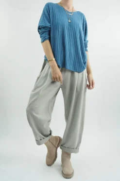 Made In Italy Classic Super Soft Ribbed Fine Knit Top Denim