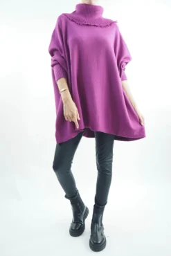 Made In Italy Conrad Oversized Fray Cowl Knit Top Magenta