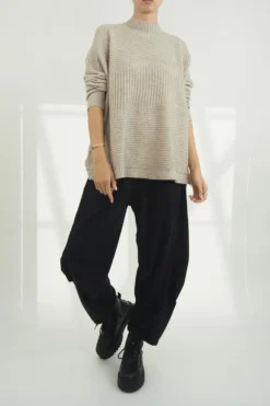 Made In Italy Conrad Turtle Ribby Knit Top Oatmeal
