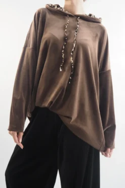 Made In Italy Leopard Love Stretch Velour Hoodie Chocolate