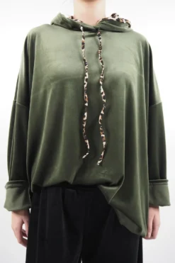 Made In Italy Leopard Love Stretch Velour Hoodie Olive