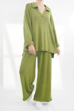 Made In Italy Chalet Collared Soft Knit Set Olive Zing