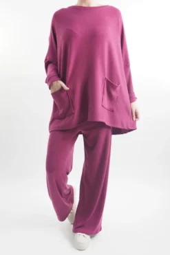 Made In Italy Chalet Pocketed Soft Knit Set Magenta