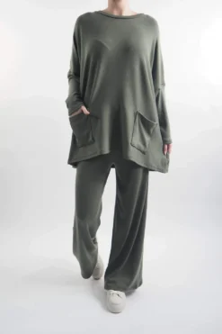 Made In Italy Chalet Pocketed Soft Knit Set Soft Khaki